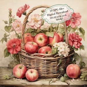 Paquete de imágenes prediseñadas de cesta de manzanas estilo shabby chic: 10 archivos JPG de acuarela de alta calidad. Descarga digital para manualidades de decoupage, diario y scrapbooking.