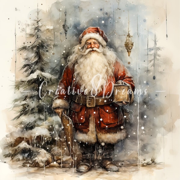 Vintage Santa Claus Aged Paper Clipart Bundle- 10 High Quality Watercolor JPGs- Winter Holidays, Journaling, Scrapbooking, Digital Download