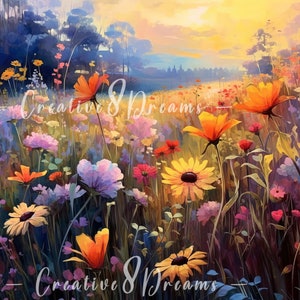Paquete de imágenes prediseñadas de campo de flores silvestres: 10 archivos JPG de acuarela de alta calidad. Arte de pradera, diario, scrapbooking, uso comercial, descarga digital.