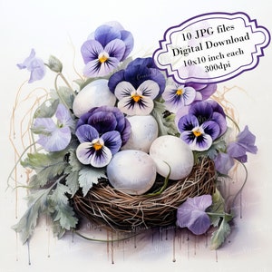 Paquete de imágenes prediseñadas de pensamientos y huevos en nido: 10 imágenes JPG de acuarela de alta calidad. Arte de Pascua, manualidades, diario, scrapbooking y descarga digital.