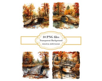 Wooden Bridge Over Quiet Creek in Autumn PNG Clipart Bundle- Digital Download
