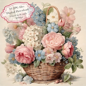 Paquete de imágenes prediseñadas de cesta de flores estilo shabby chic: 10 archivos JPG de acuarela de alta calidad. Decoupage, diario, scrapbooking y descarga digital.
