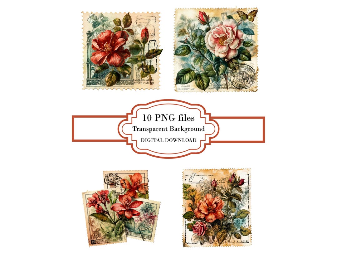 Vintage Floral Postage Stamp PNG Clipart Bundle- Digital Download - Etsy