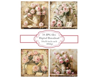 Shabby Chic Watering Can with Pink Roses JPG Clipart Bundle- Digital Download