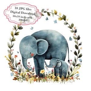 Pacote de clipart adorável de mãe e bebê elefante - 10 JPGs em aquarela de alta qualidade - berçário, artesanato, diário, scrapbooking, download digital