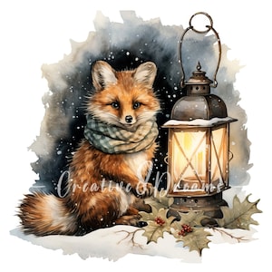 Renard avec lanterne de Noël Clipart Bundle-10 JPG aquarelles de haute qualité - Art de l'hiver, journalisation, fournitures de scrapbooking, téléchargement numérique