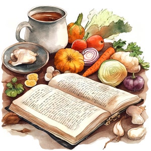 Grandma's Soup Cookbook Clipart Bundle- 10 High Quality Watercolor Jpgs