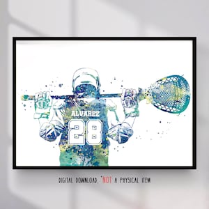 Lacrosse Player Goalie Personalized Name and Number Sport Poster Watercolor Wall Art Gift