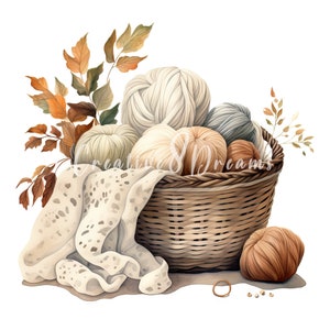 Stricken Sie Korb mit Wollballen Clipart Bundle - 10 hochwertige Aquarell JPGs - Saisonal, Journaling, Scrapbooking, Digital Download
