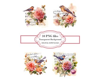 Vintage Songbird and Rose Musical Sheet PNG Clipart Bundle- Digital Download