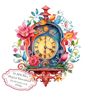 May include: A colourful watercolour illustration of a vintage clock with Roman numerals, surrounded by flowers and birds. The clock face is blue with gold accents, and the hands are pointing to the time of 10:10. The flowers are pink, red, yellow, and blue, and the birds are yellow, blue, and red.