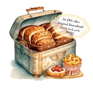 Retro vintage brooddoos clipartbundel-10 hoge kwaliteit aquarel jpg's-keukenkunst, journaling, scrapbookingateliers, digitale download