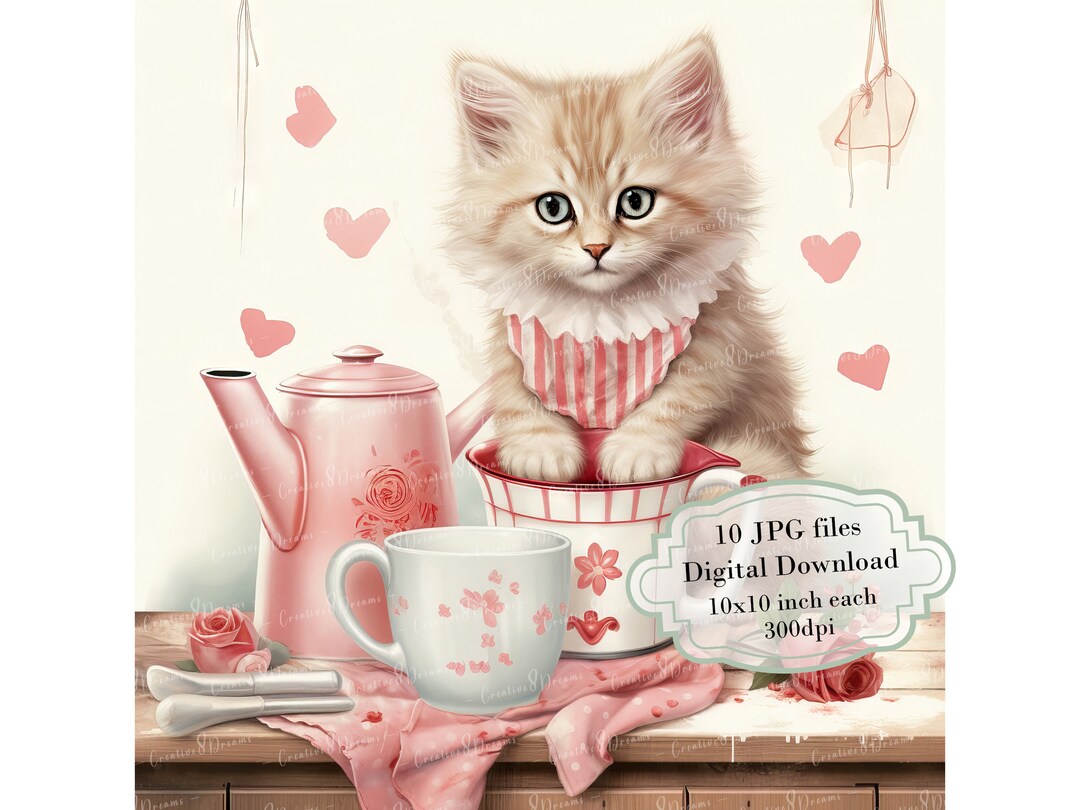 Shabby Chic Cute Kitten in With Pink Flowers Clipart Bundle- 10 High ...