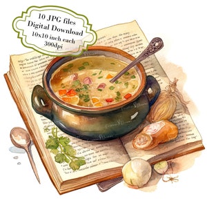 Paquete de imágenes prediseñadas del libro de recetas de sopa de la abuela: 10 archivos JPG de acuarela de alta calidad. Ideal para cocina, diario, scrapbooking, uso comercial y descarga digital.