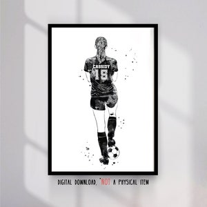 Soccer Player Girl with Ball Personalized Custom Name and Number Sport Poster Watercolor European Football Player Gift Printable Wall Art