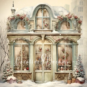 Paquete de imágenes prediseñadas de tienda navideña nevada y shabby chic: 10 archivos JPG de acuarela de alta calidad: vacaciones de invierno, diario, álbum de recortes, descarga digital