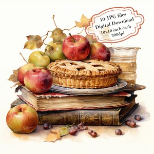 Torta de Maçã de Ação de Graças com Livro de Receitas - Pacote de Clipart - 10 JPGs em Aquarela de Alta Qualidade - Artesanato, Diário, Scrapbooking, Download Digital