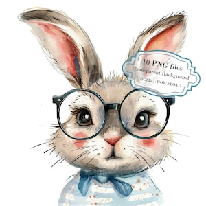 Entzückendes Häschenkind mit Brille Clipart Bundle - 10 hochwertige Aquarell PNGs - Kinderzimmer, Journaling, Scrapbook Versorgung, digitaler Download