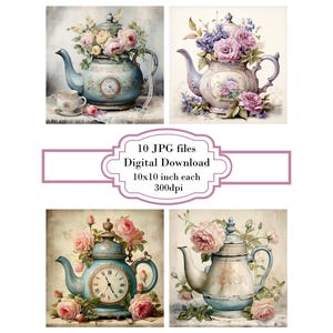 Shabby Chic Wasserkocher mit Blumen JPG Clipart Bundle-Digital Download