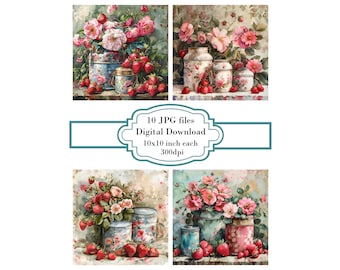 Vintage Floral Tin Cans with Strawberries JPG Clipart Bundle- Digital Download