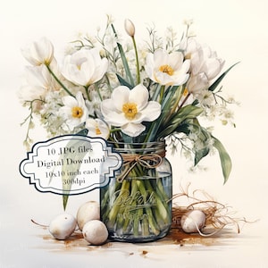 Witte tulpen in glazen pot met eieren clipartbundel-10 hoge kwaliteit aquarel jpg's-Pasen, journaling, scrapbookingateliers, digitale download