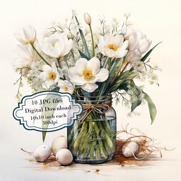 White Tulips in Glass Jar with Eggs Clipart Bundle- 10 High Quality Watercolor JPGs- Easter, Journaling, Scrapbook Supply, Digital Download
