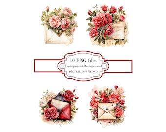 Vintage Love Letters with Roses PNG Clipart Bundle- Digital Download