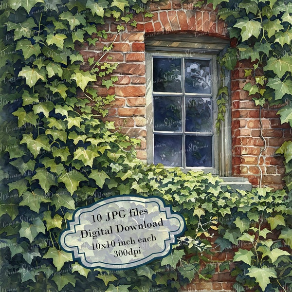 English Ivy Growing by a Brick Cottage Window Clipart Bundle- 10 High Quality Watercolor JPGs-Craft, Journaling, Scrapbook, Digital Download