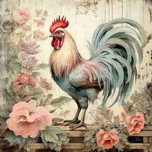 Shabby Chic Rooster in Flower Garden Clipart Bundle- 10 High Quality ...