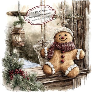 Gingerbread Man Decoration Clipart Bundle- 10 High Quality Watercolor PNGs- Christmas, Junk Journaling, Scrapbook Supply, Digital Download