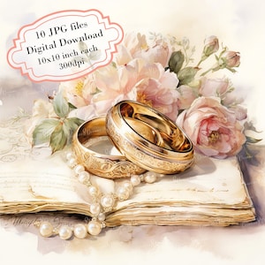 Paquete de imágenes prediseñadas de anillos de boda y votos en estilo shabby chic: 10 imágenes en acuarela de alta calidad (JPG) para amor, decoupage, diario, álbum de recortes y descarga digital.