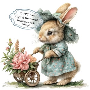 Little Bunny in Dress with Cart of Spring Flowers Clipart Bundle- 10 High Quality Watercolor JPGs- Journaling, Scrapbook, Digital Download