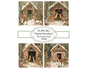 Two Deer by a Festive Pink Sage Barn JPG Clipart Bundle- Digital Download