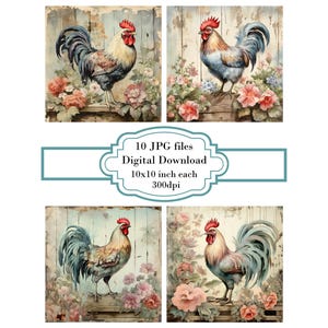 Shabby Chic Hahn im Blumengarten JPG Clipart Bundle-Digital Download