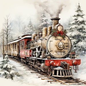 Vintage Weihnachtszug, der die schneebedeckte Stadt verlässt, Clipart Bundle - 10 hochwertige Aquarell JPGs - Winter, Journaling, Scrapbook, digitaler Download