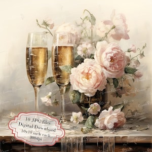 Pacchetto Clipart di Calici da Champagne Shabby Chic - 10 JPG ad acquerello di alta qualità - Artigianato, Journaling, Album, Download Digitale