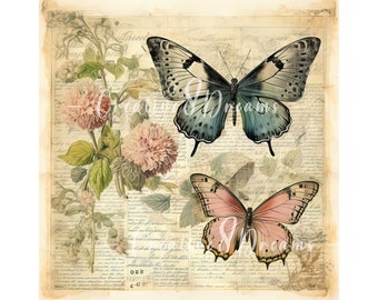 Shabby Chic Butterfly Vintage Newspapers Clipart Bundle- 10 High Quality Watercolor JPGs- Decoupage, Journaling, Scrapbook, Digital Download