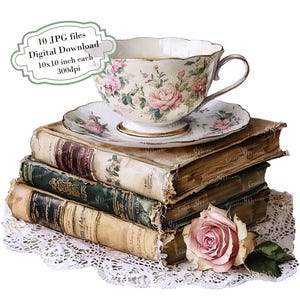 Tazza da tè vintage su libri con rosa rosa e centrino - Pacchetto clipart - 10 immagini JPG ad acquerello di alta qualità - Journaling, Scrapbooking, Download digitale