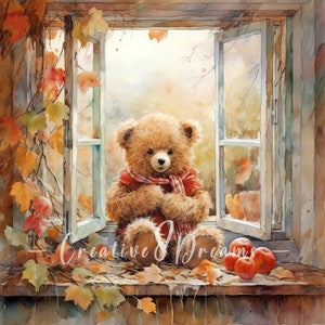Teddy Bear in Autumn Window Scenery Clipart Bundle- 10 High Quality ...