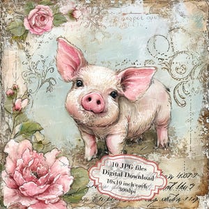 Paquete de imágenes prediseñadas de cerdito shabby chic en página vintage: 10 archivos JPG de acuarela de alta calidad. Suministros para manualidades, diarios, álbumes de recortes y descarga digital.