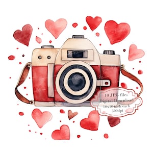 Pacote de clipart fofo de câmera retrô com corações - 10 JPGs em aquarela de alta qualidade - Love Art, diário, material para scrapbook, download digital