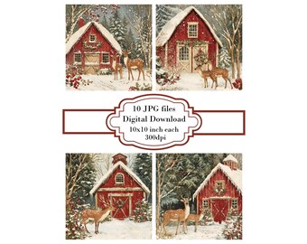 Deer by a Festive Red Barn JPG Clipart Bundle- Digital Download