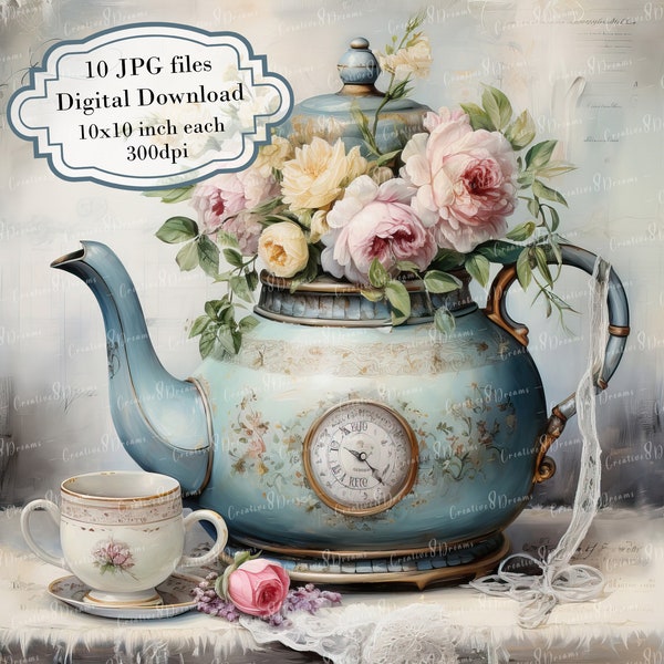 Shabby Chic Kettle with Flowers Clipart Bundle- 10 High Quality Watercolor JPGs- Decoupage, Journaling, Scrapbooking, Digital Download