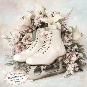 Pacote de clipart de patins de gelo vintage com buquê - 10 JPGs em aquarela de alta qualidade - Férias de inverno, diário, scrapbooking, download digital