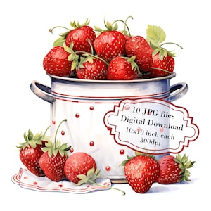 Könnte beinhalten: Ein weißer Emailletopf mit roten und weißen Punkten, gefüllt mit roten Erdbeeren. Der Topf hat einen roten und weißen Streifenrand und ein rotes Etikett mit der Aufschrift "10 JPG-Dateien Digitaler Download 10x10 Zoll jeweils 300dpi". Es befinden sich auch drei Erdbeeren auf einer weiß-rot gestreiften Serviette.