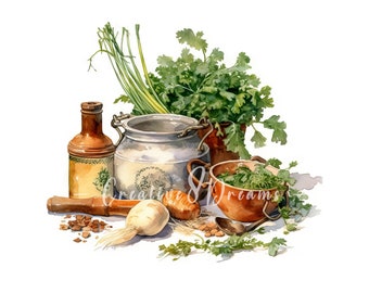 Cooking Herbs Clipart Bundle- 10 High Quality Watercolor JPGs- Kitchen Art, Craft, Journaling, Scrapbooking, Digital Download