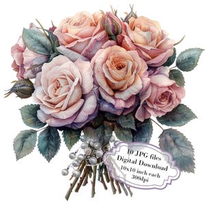 Rose Hochzeitsstrauß mit Spitze und Perlen Clipart Bundle - 10 hochwertige Aquarell JPGs - Handwerk, Journaling, Scrapbooking, digitaler Download