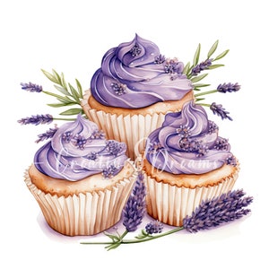 Paquete de imágenes prediseñadas de cupcakes de miel y lavanda: 10 archivos JPG de acuarela de alta calidad. Arte de postres, manualidades, diario, scrapbooking y descarga digital.