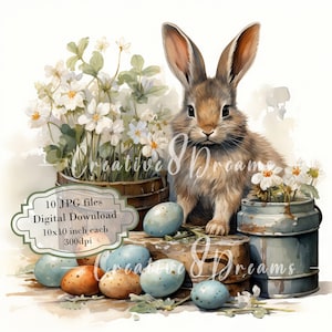 Lapin dans un jardin rustique avec des oeufs de Pâques Clipart Bundle - 10 JPG aquarelles de haute qualité - journalisation, scrapbooking, téléchargement numérique
