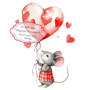 Pacote de clipart de camundongo adorável segurando um balão em formato de coração - 10 JPGs em aquarela de alta qualidade - Diário, álbum de recortes, download digital